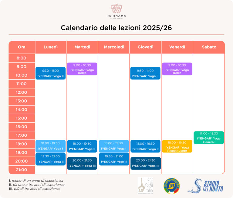 Calendario settimanale delle lezioni di yoga 2025/26 di Parinama Yoga Bari, con orari e tipologie di corsi.